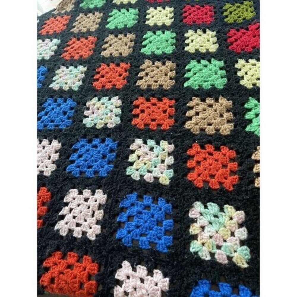 Vintage Granny Square Afghan Handmade Knitted Throw Lap Blanket